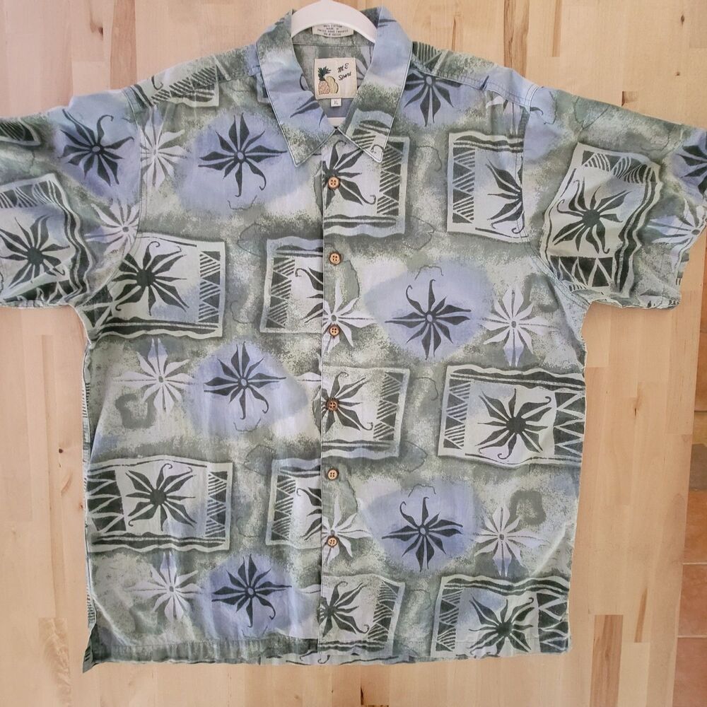 Mens Vintage M.E. Sport Hawaiian Shirt 100% Cotton Blue Green Sun Beach Size XL